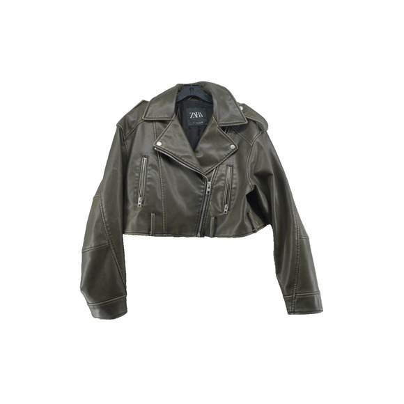Zara Faux Leather Cropped Moto Jacket Olive Zip Pockets Women’s Size M - Picture 1 of 8